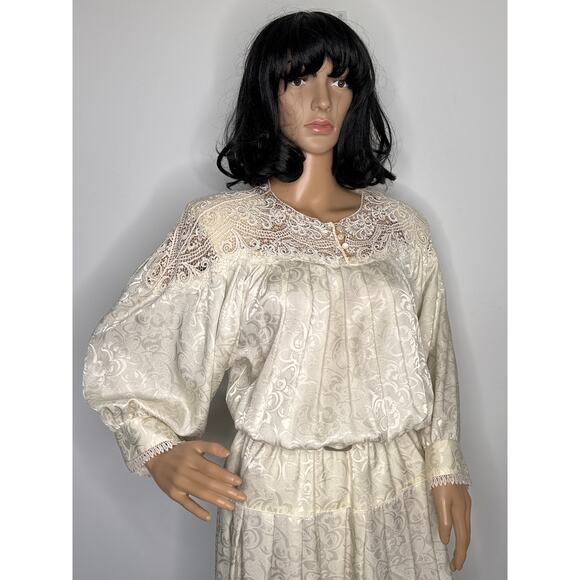 Vintage E.D. Michaels Cream Jacquard Prairie Dress Crochet Lace 80s USA medium - Picture 2 of 13